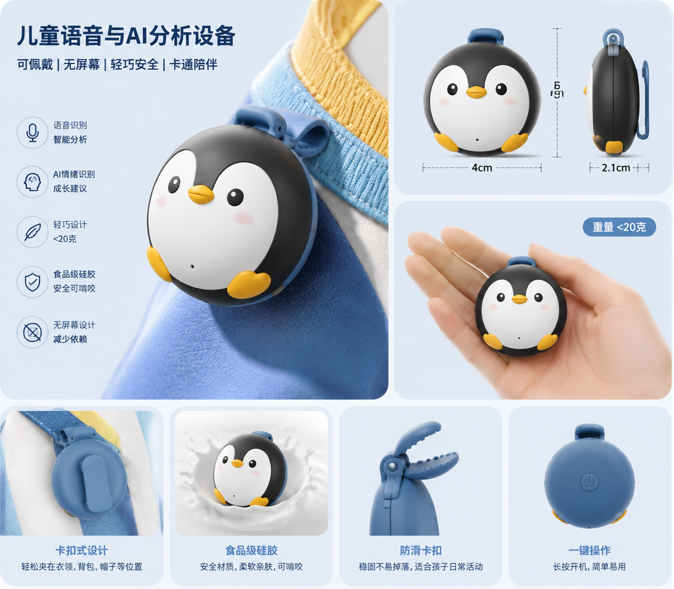 语芽 TalkSeed 企鹅造型设备与家长端 App 界面